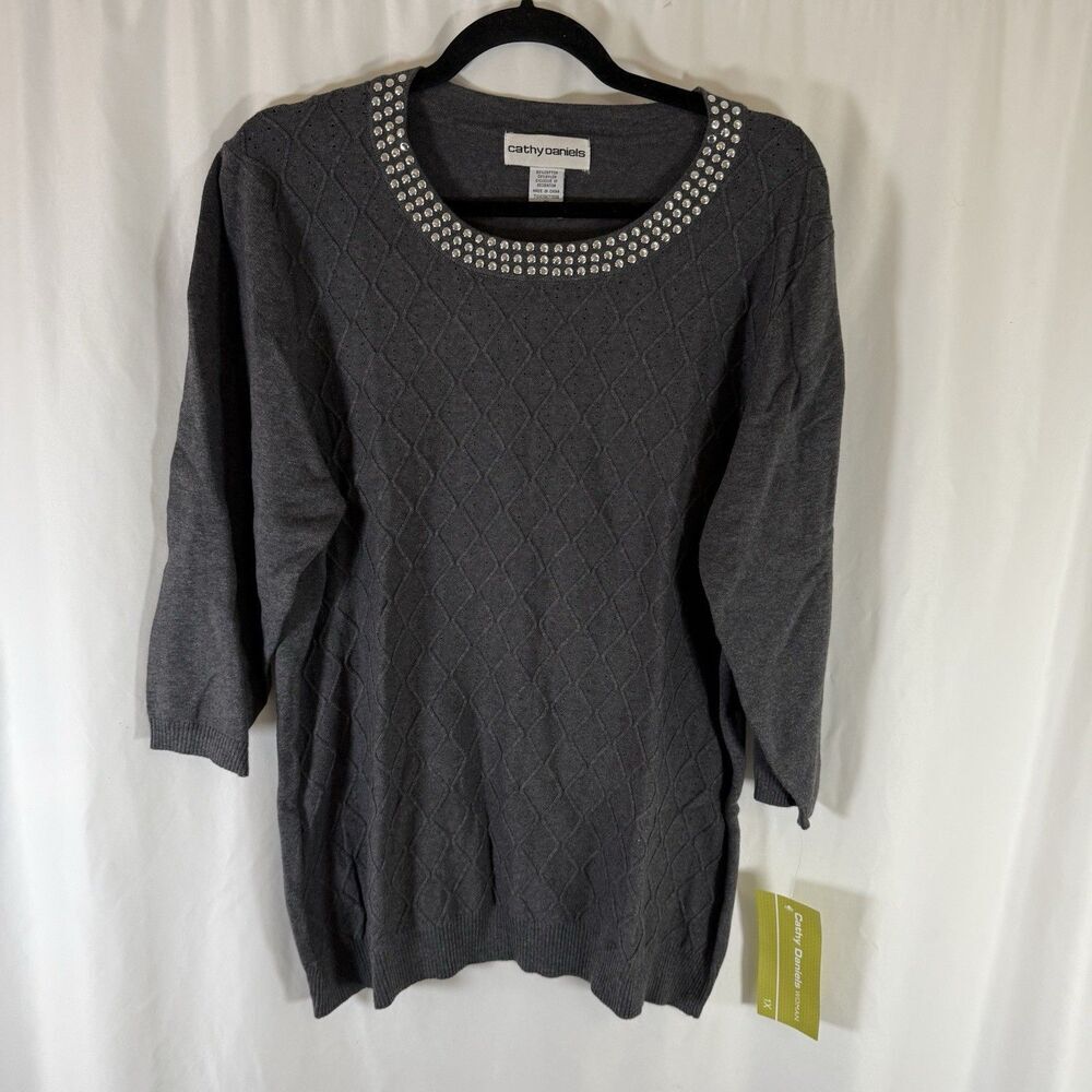 New Cathy Daniels Sweater Women's 1X Grey Embellished Textured 3/4 Sleeve
